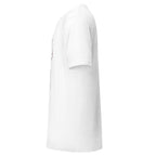 Side view of a white LuckeLadybug unique illustrated fashion shirt with short sleeves