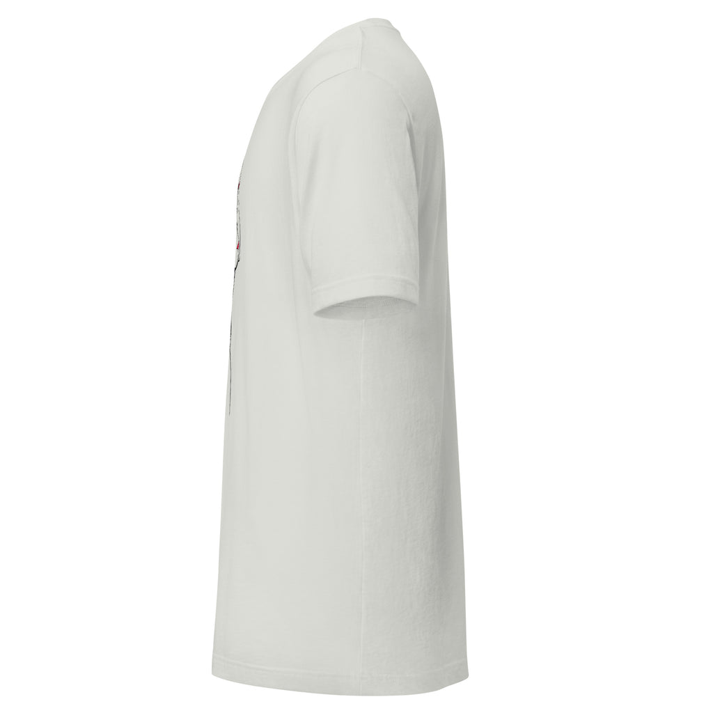 Side view of LuckeLadybug white t-shirt showcasing a unique illustrated fashion shirt design