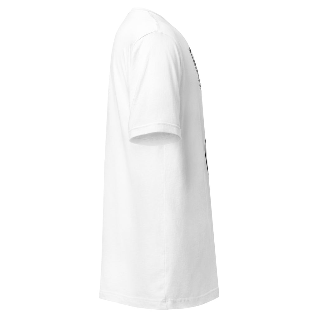 Side view of LuckeLadybug white unique illustrated fashion shirt with short sleeves