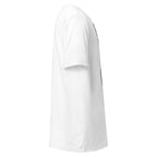 Side view of LuckeLadybug white unique illustrated fashion shirt with short sleeves