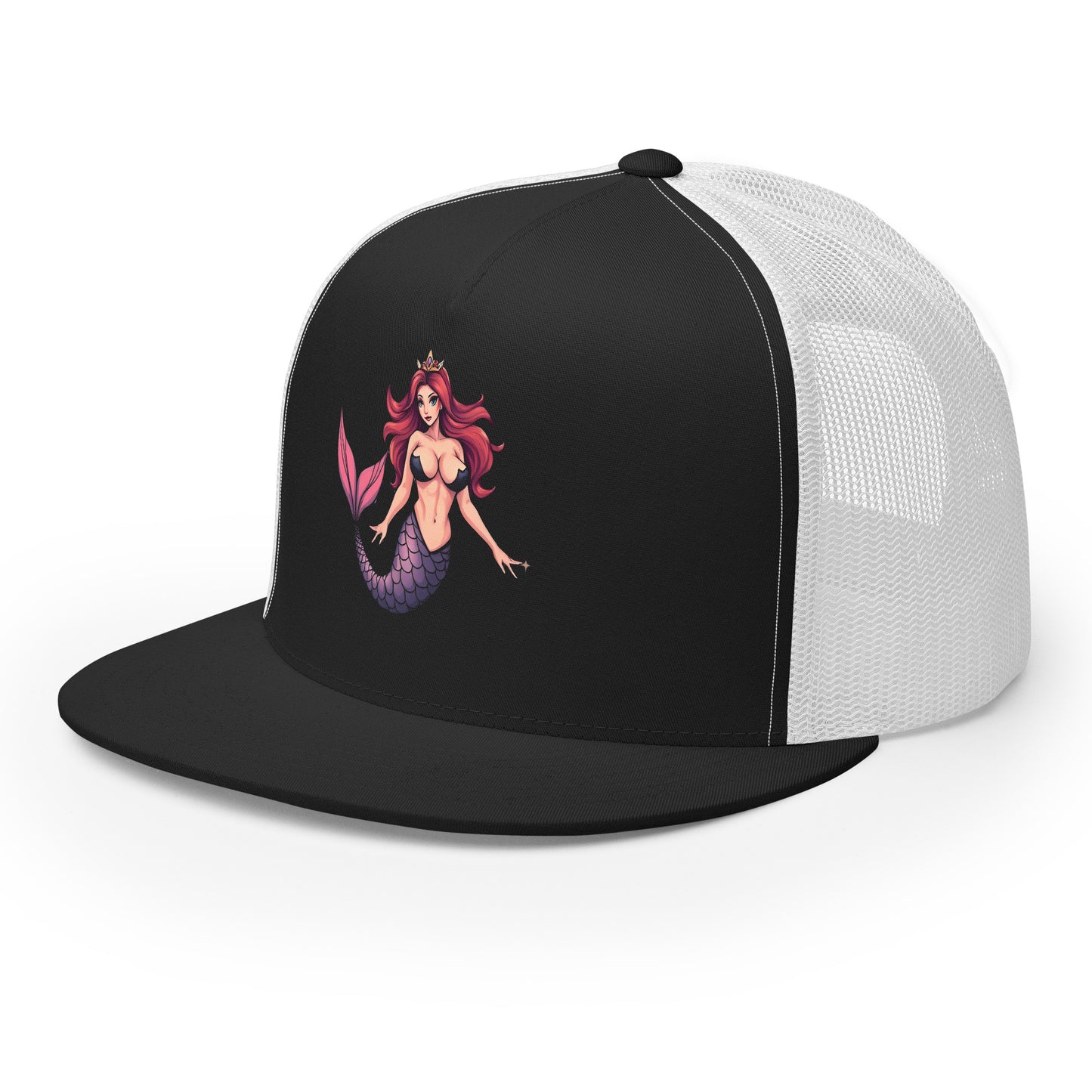 Black and white LuckeLadybug trucker hat featuring a unique mermaid graphic cap with pink hair and purple tail