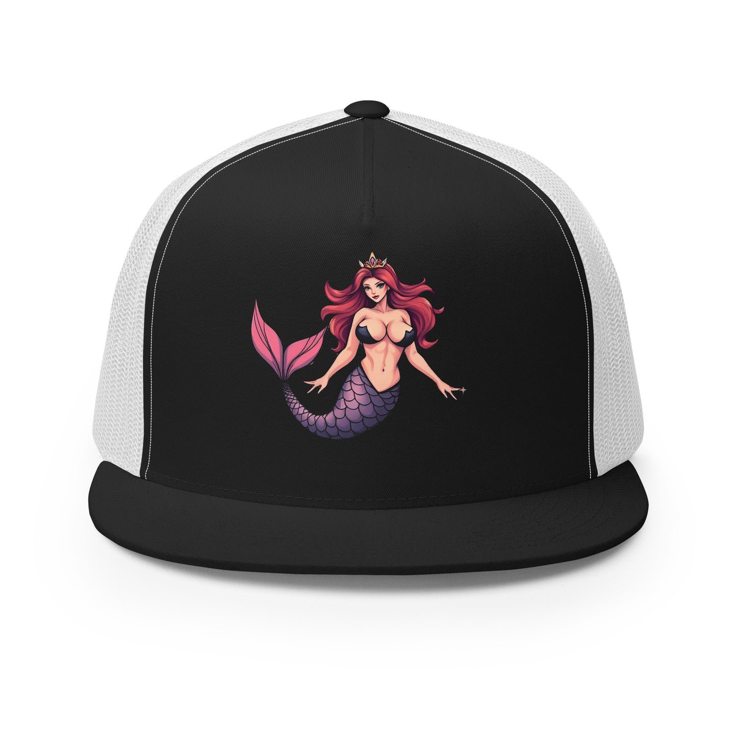 LuckeLadybug trucker hat with unique mermaid graphic cap in black and white mesh design