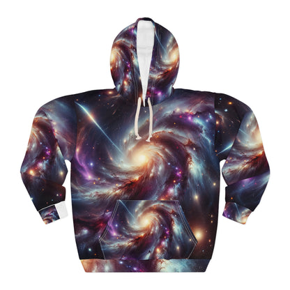 LuckeLadybug unique outer space pullover hoodie featuring a vibrant galaxy and star swirl design