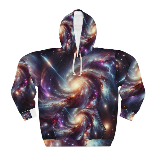 LuckeLadybug unique outer space pullover hoodie featuring a vibrant galaxy and star swirl design