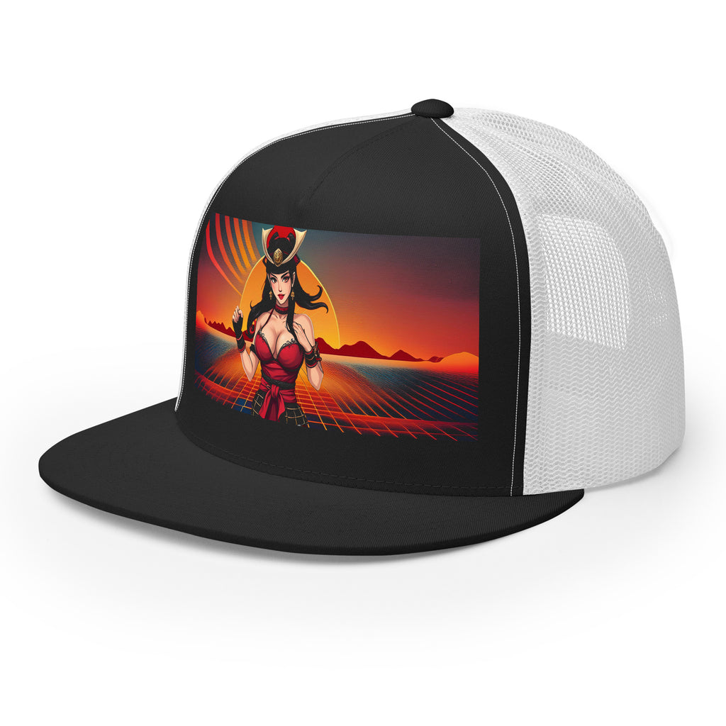 LuckeLadybug black and white trucker hat featuring unique samurai fashion hat graphic design