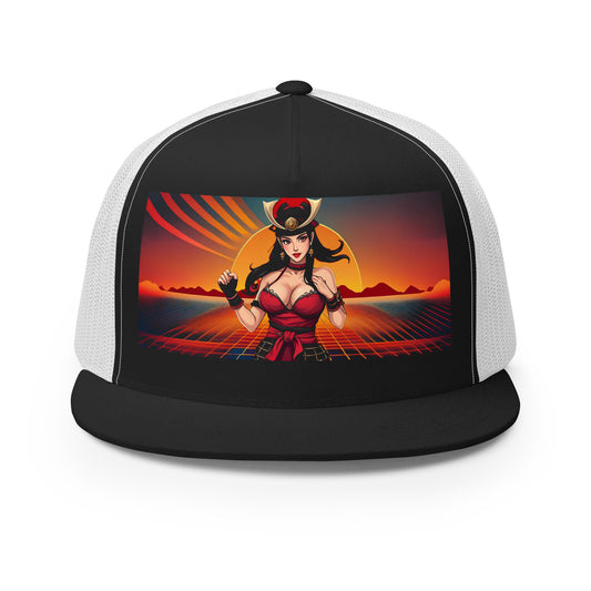 LuckeLadybug black and white trucker hat featuring a unique samurai fashion hat design with sunset background