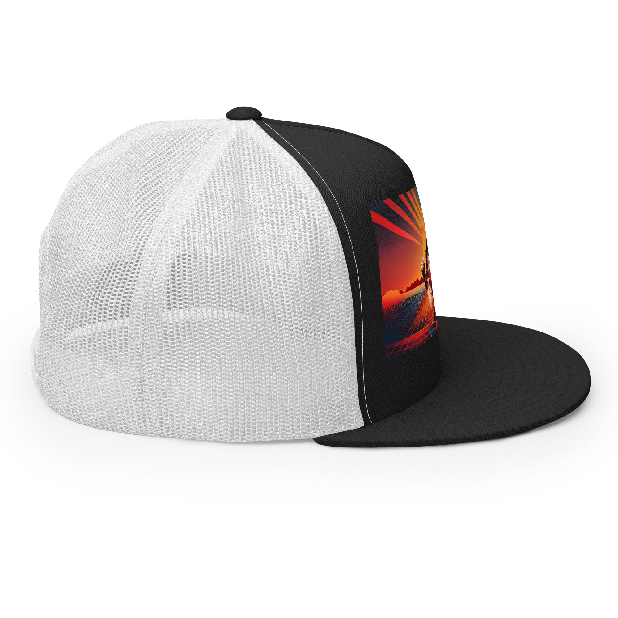 LuckeLadybug unique samurai fashion hat black and white trucker hat with sunset samurai design