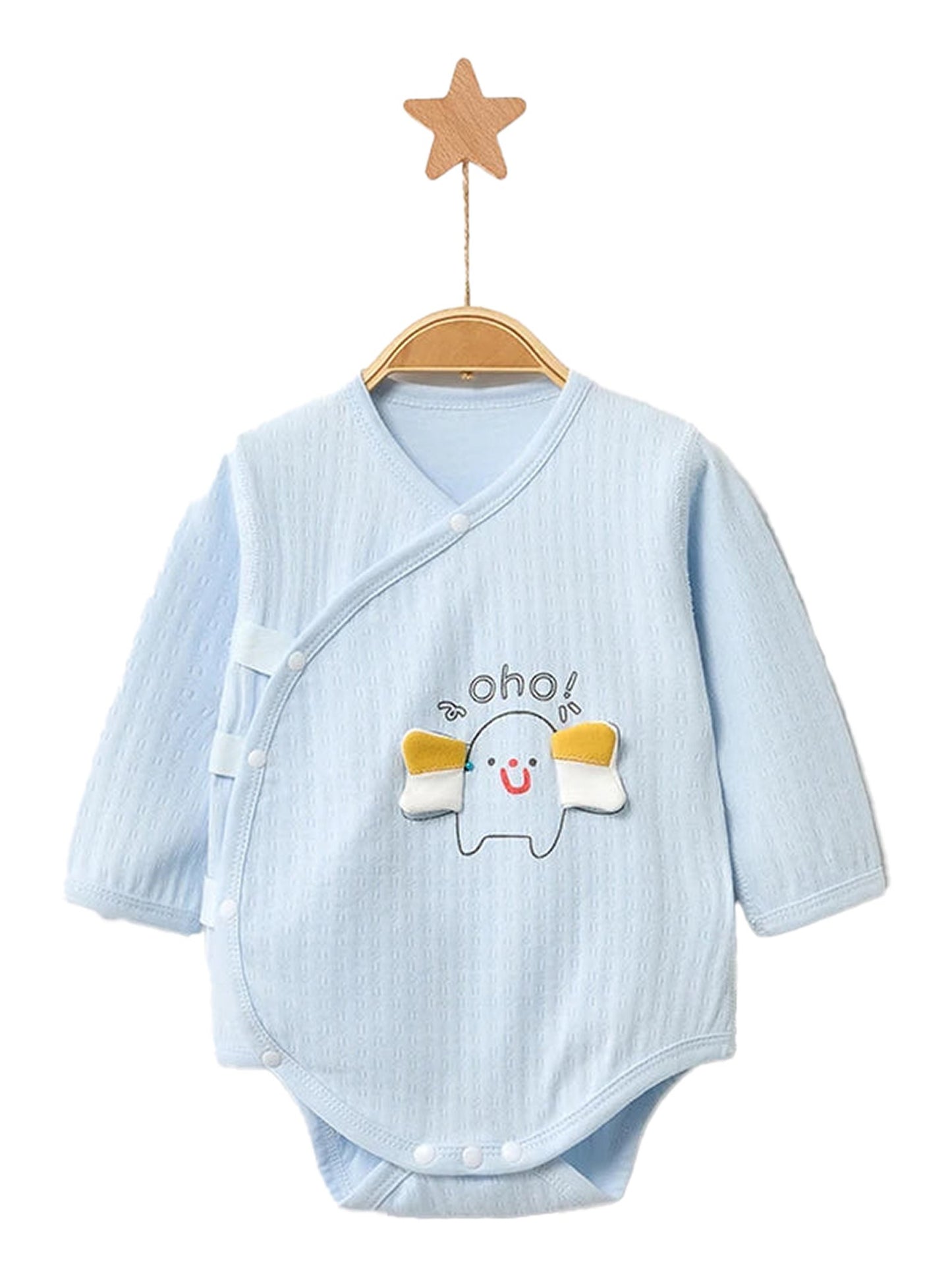 Light blue unisex baby cotton romper with cute cartoon design and snap closure for easy dressing