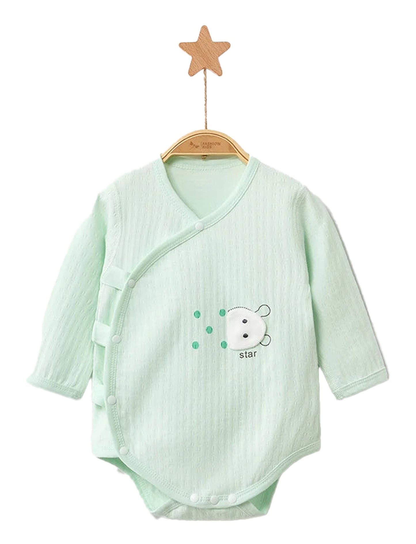 Light green unisex baby cotton rompers with cute star design and snap buttons for easy dressing