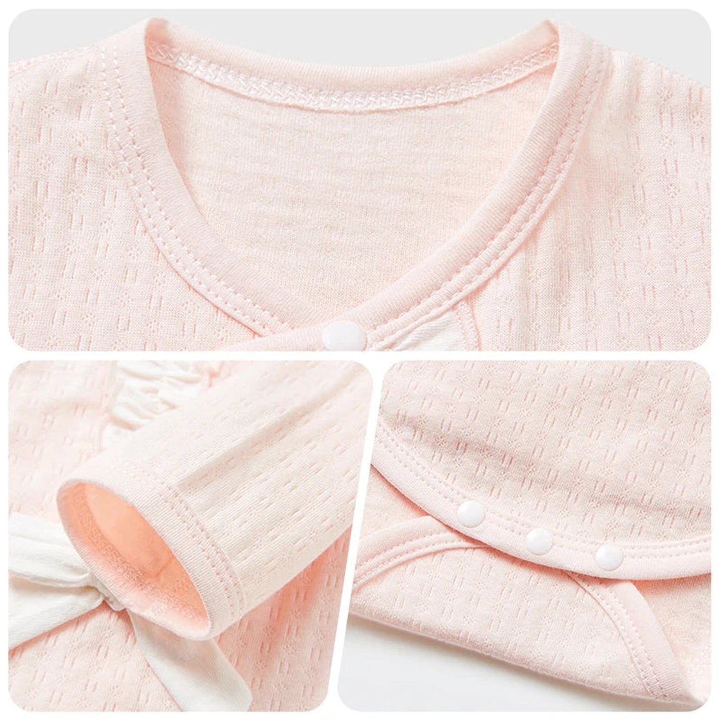 Close-up of LuckeLadybug LLC unisex baby cotton rompers showing soft fabric and button details