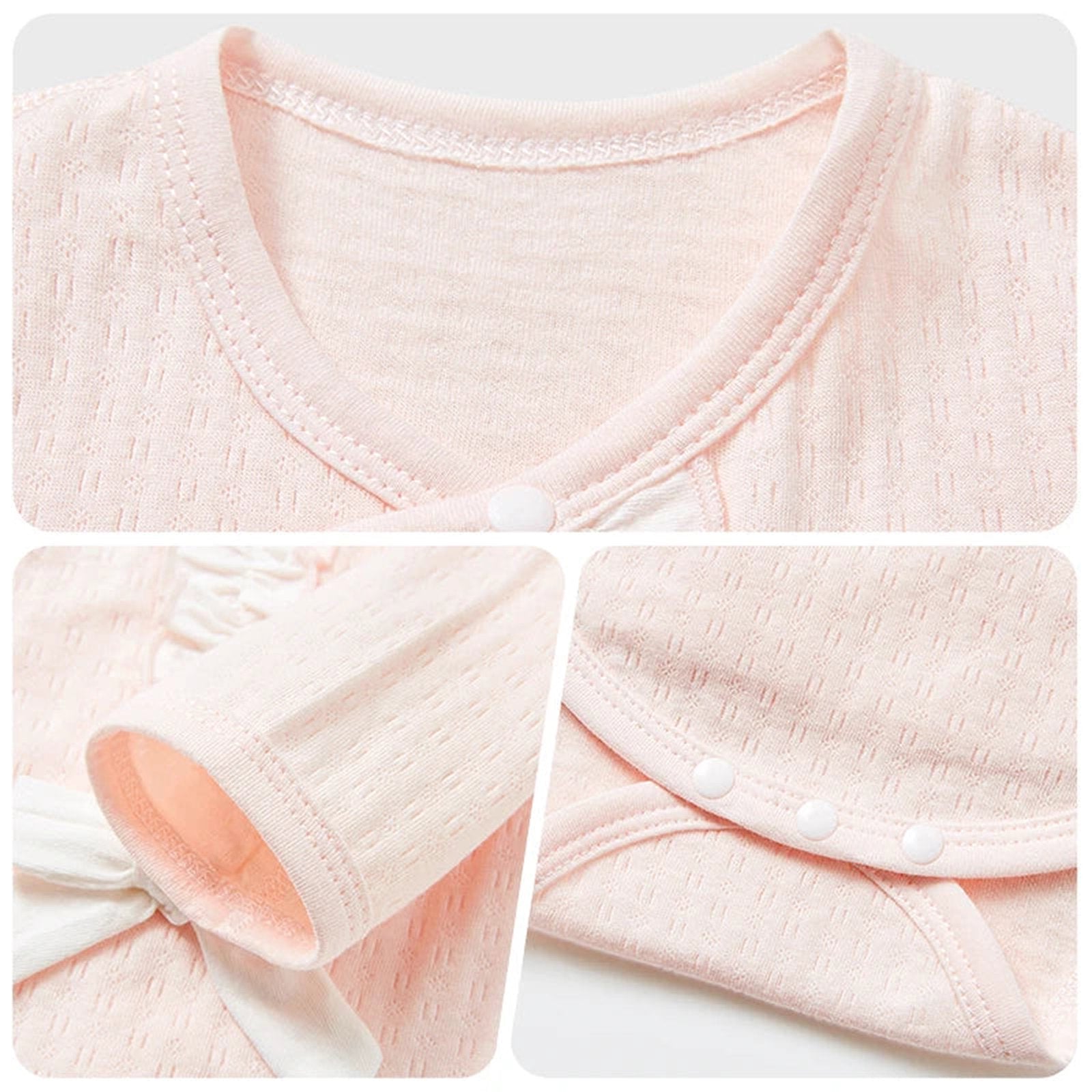 Close-up of LuckeLadybug LLC unisex baby cotton rompers showing soft fabric and button details