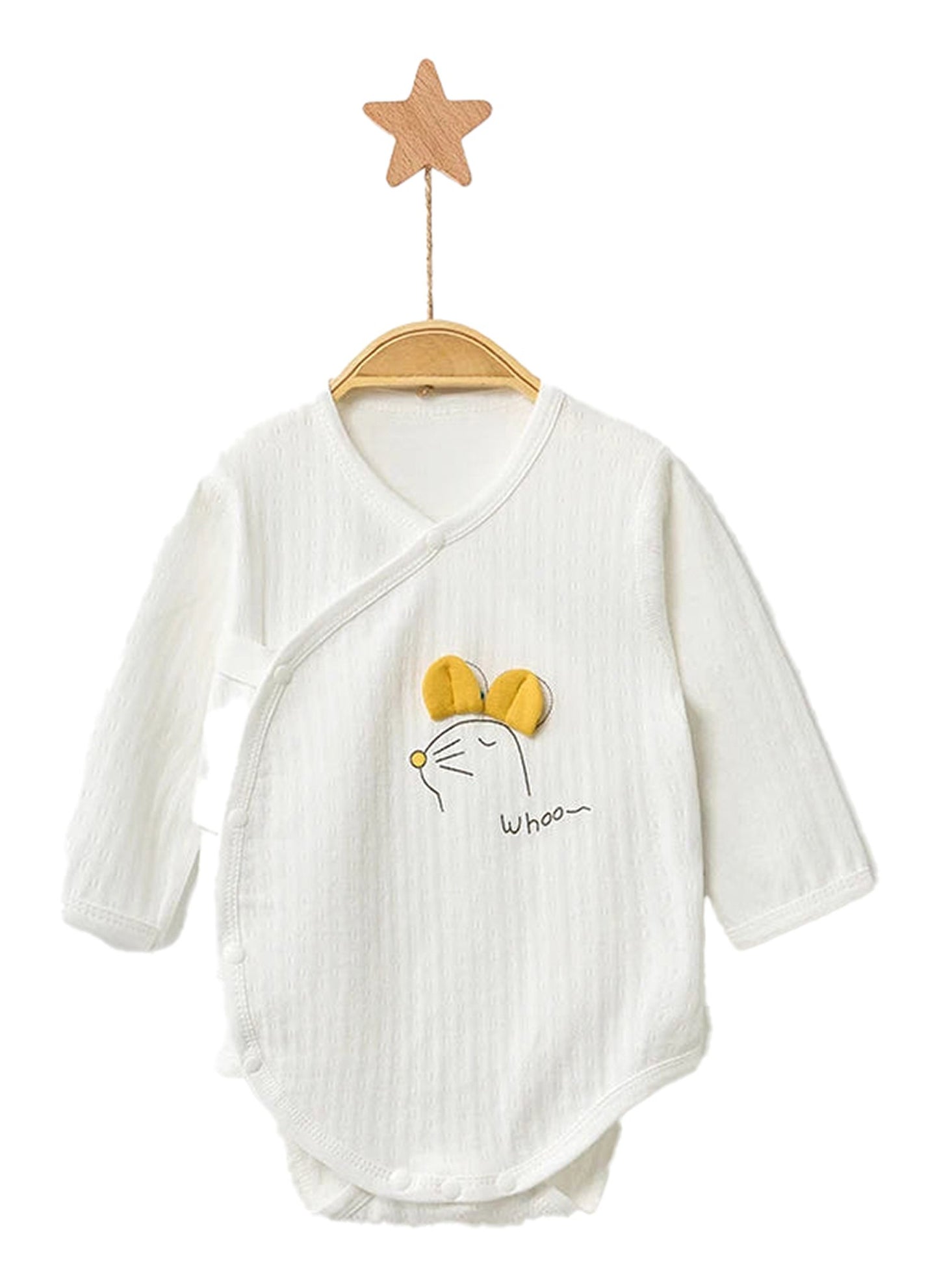 LuckeLadybug unisex baby cotton rompers in white with cute mouse design and snap closures