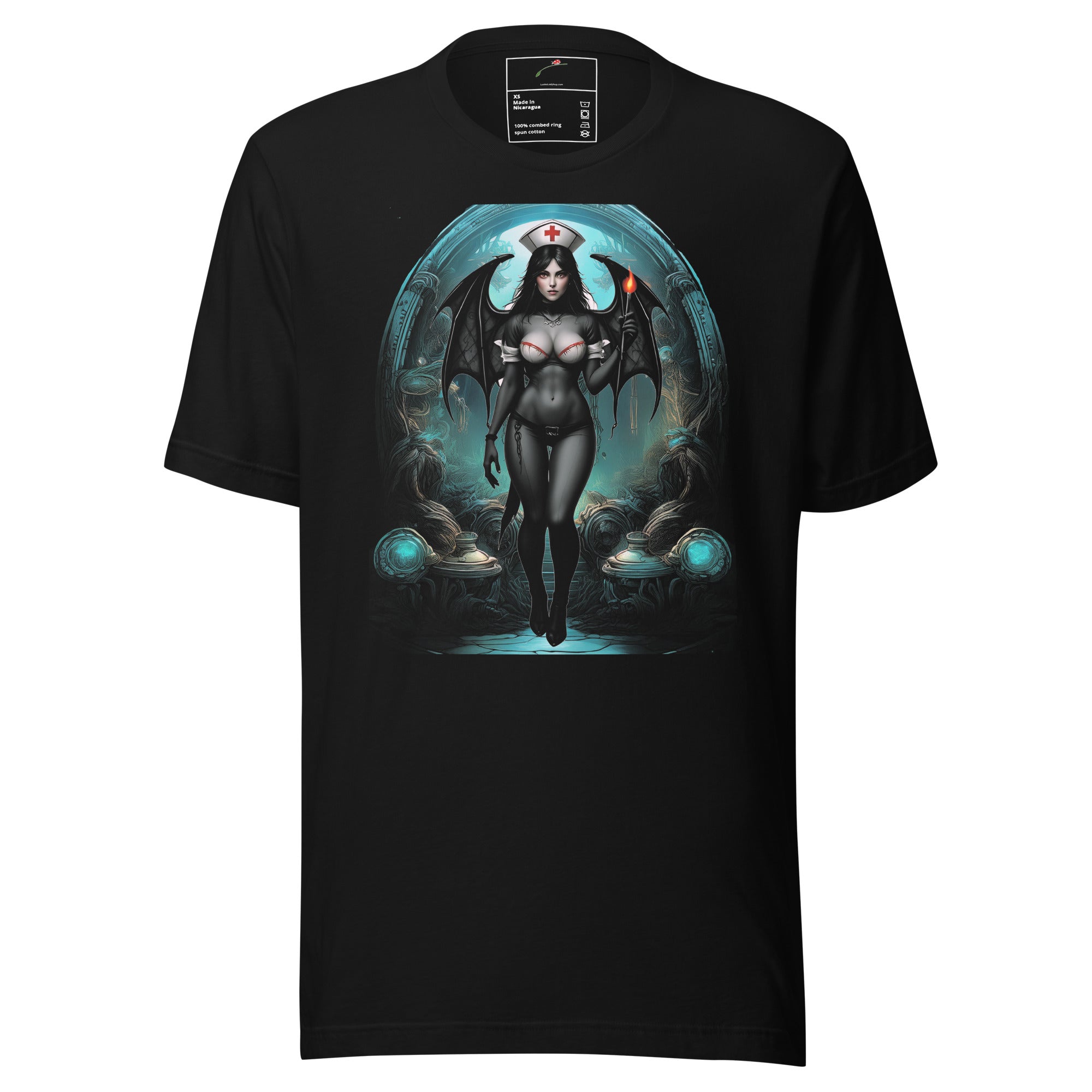 Black nightshift noir nurse shirt featuring dark nurse with wings and glowing background by LuckeLadybug