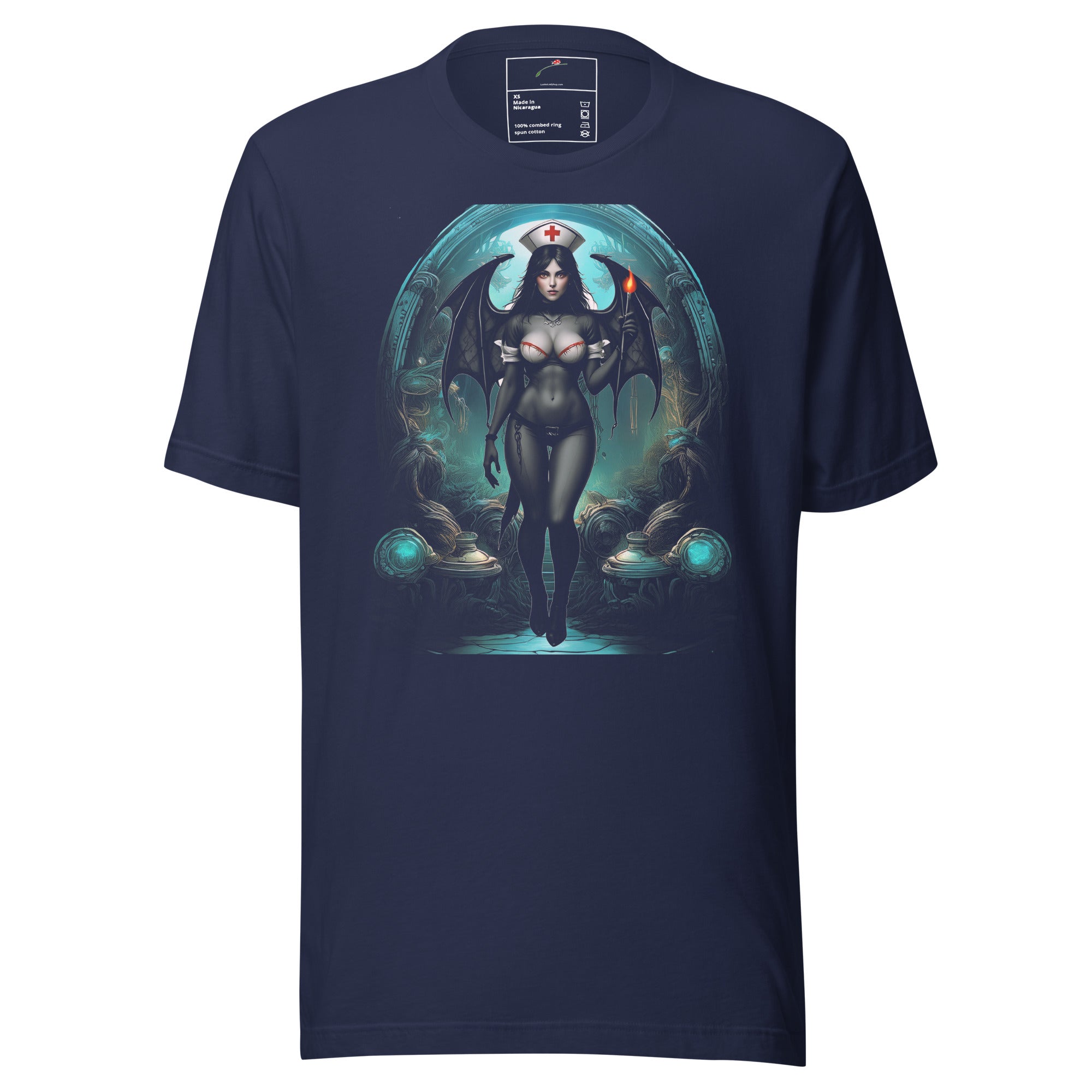 Nightshift noir nurse shirt by LuckeLadybug featuring dark fantasy nurse graphic on navy blue T-shirt