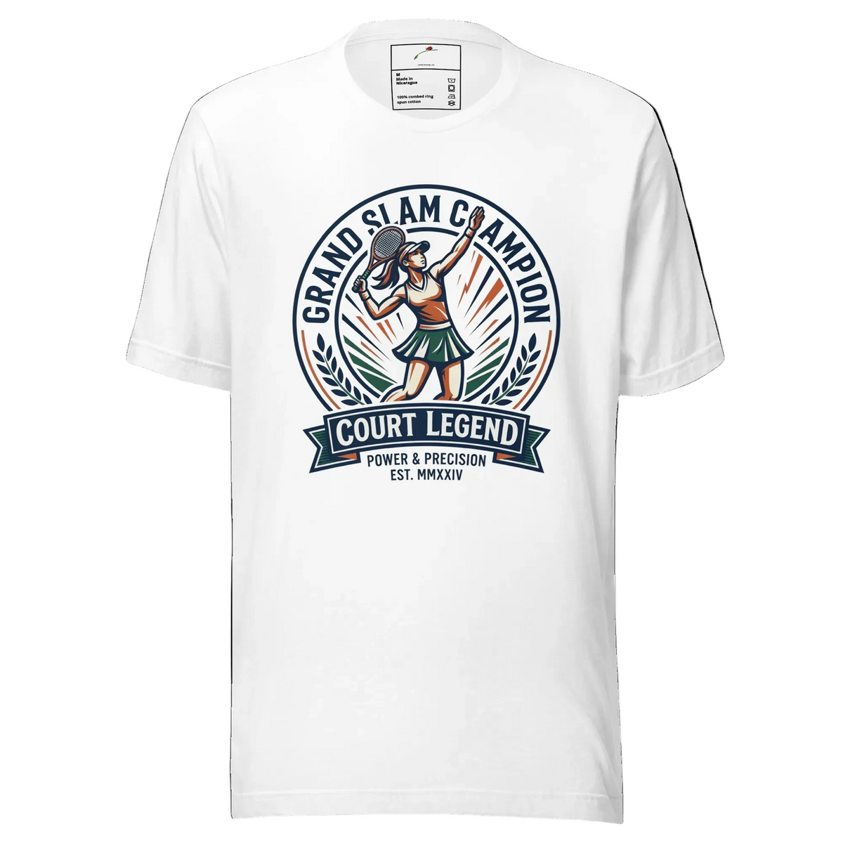 A white short-sleeve crewneck t-shirt featuring a vintage-style graphic on the chest of a female tennis player in a circular emblem with the text 'Grand Slam Champion Court Legend'.