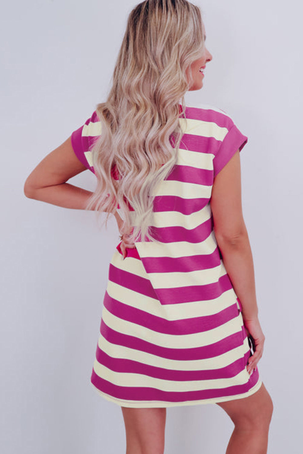Pink and yellow striped T-Shirt and shift dress with short sleeves for casual summer wear