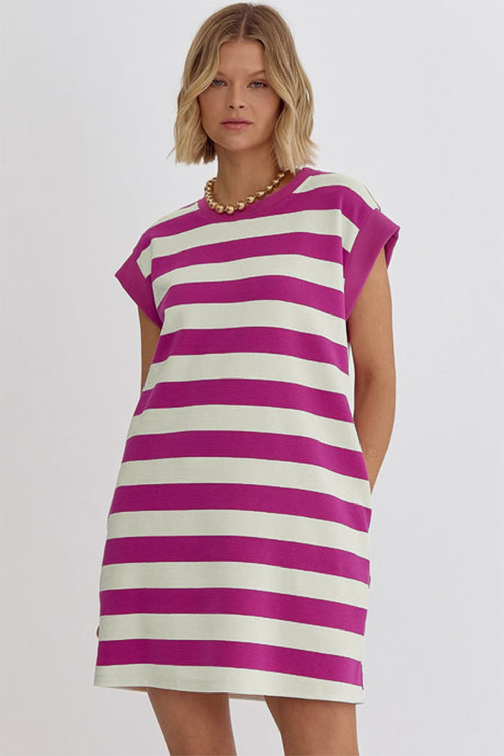 LuckeLadybug LLC Striped T-Shirt and shift dress in purple and green for a casual, stylish look