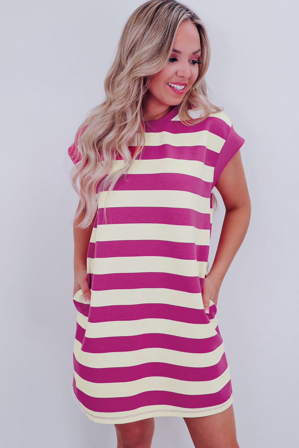 LuckeLadybug LLC Striped T-Shirt and shift dress in pink and yellow with relaxed fit and pockets