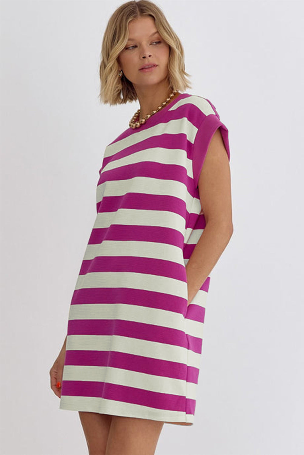 Striped LuckeLadybug LLC T-Shirt and shift dress in purple and white with short sleeves