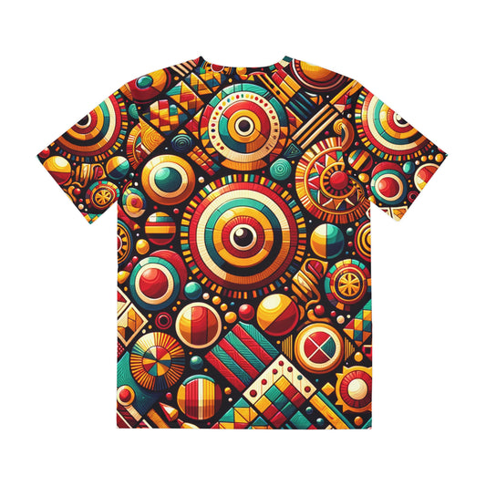 LuckeLadybug urban African style shirt with vibrant geometric and circular patterns in warm colors