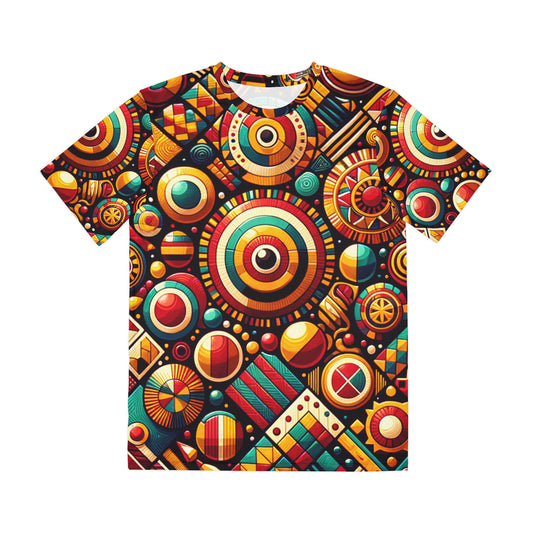 LuckeLadybug urban African style shirt featuring bold colorful geometric and circular patterns