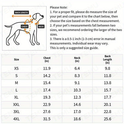 Size chart for urban chic dog shirts showing measurements for different dog sizes and fit guide