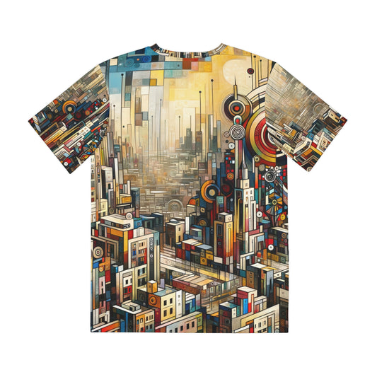 LuckeLadybug urban fashion graphic tee for men featuring colorful cityscape abstract design
