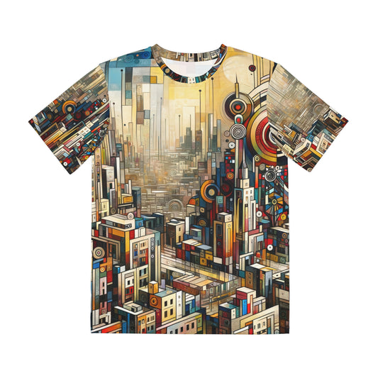 LuckeLadybug urban fashion graphic tee for men featuring colorful abstract cityscape design