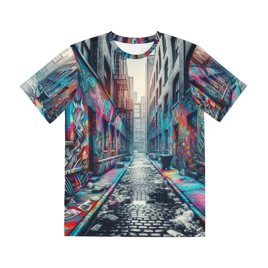 Urban fashion graphic tee for men featuring colorful city alley graffiti design by LuckeLadybug
