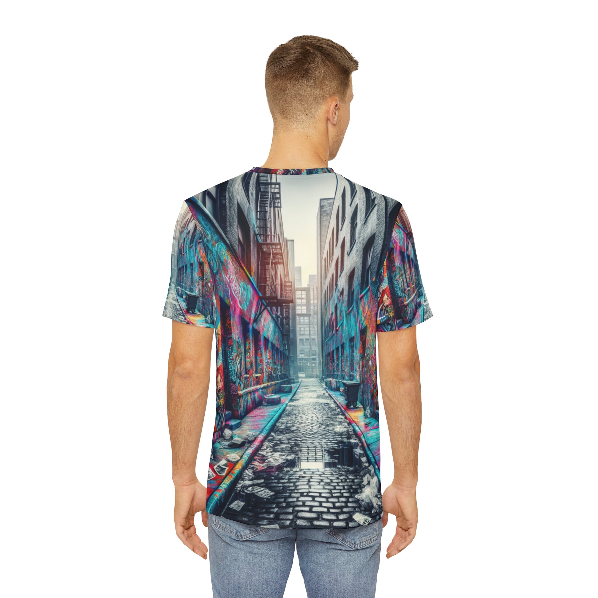 Urban fashion graphic tee for men featuring a colorful city alley graffiti print by LuckeLadybug
