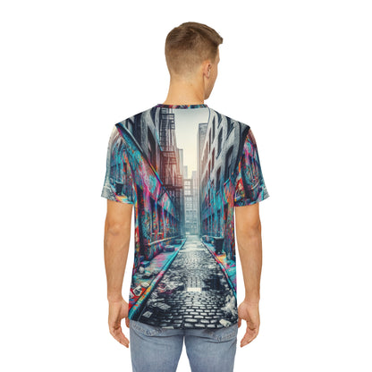 Urban fashion graphic tee for men featuring a colorful city alley graffiti print by LuckeLadybug