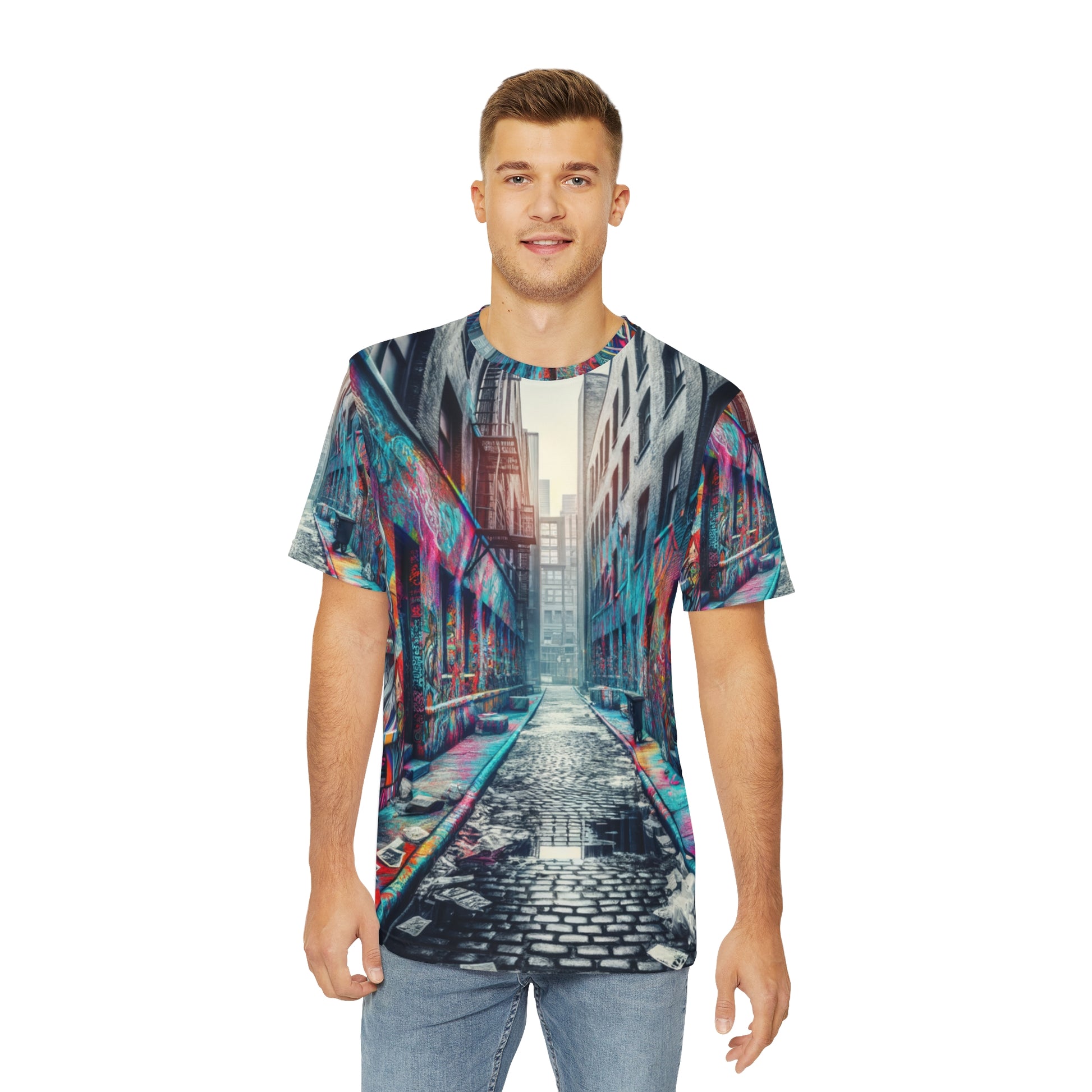 Urban fashion graphic tee for men featuring a colorful graffiti city alley print by LuckeLadybug