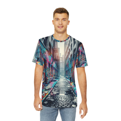 Urban fashion graphic tee for men featuring a colorful graffiti city alley print by LuckeLadybug