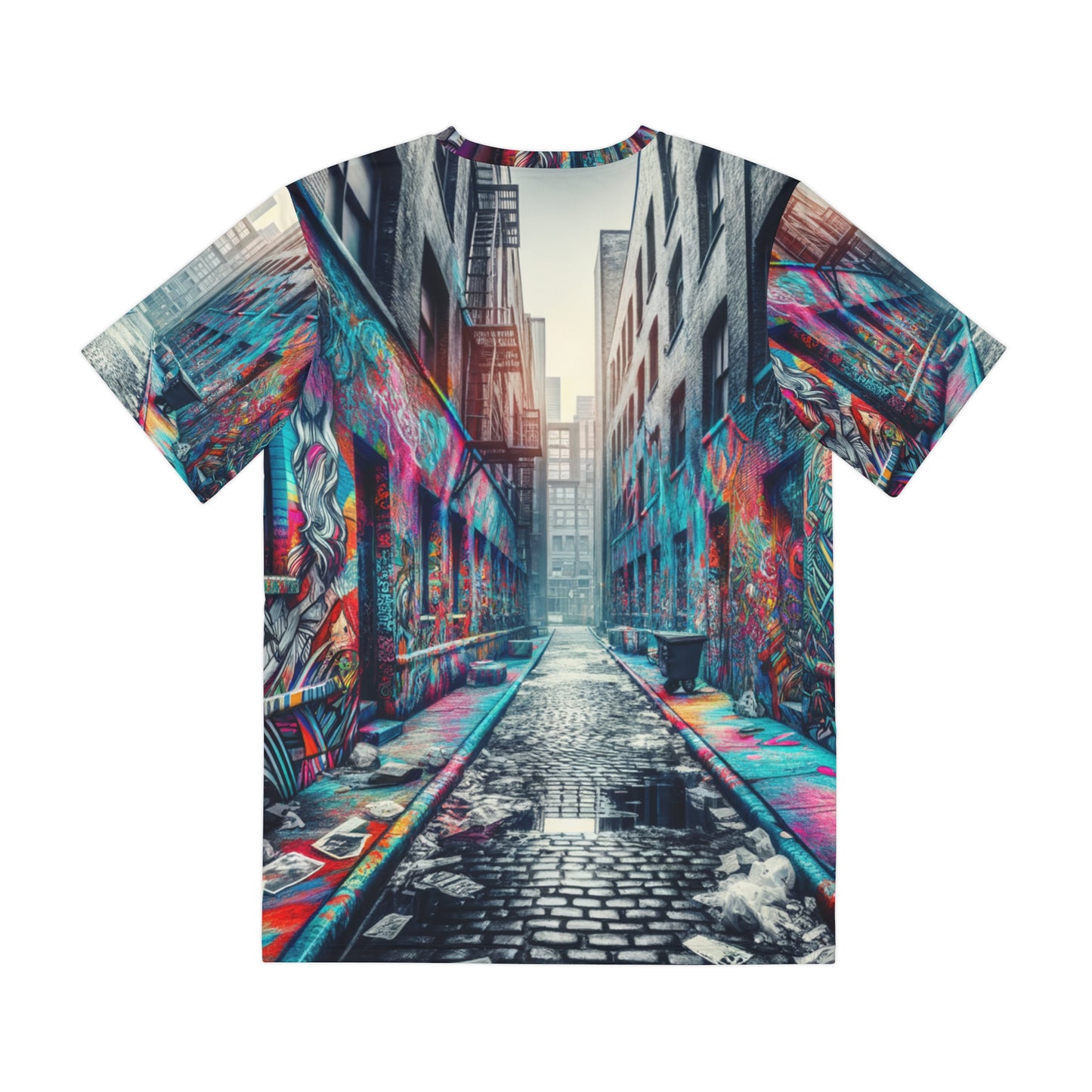 Urban fashion graphic tee for men featuring colorful graffiti alley print by LuckeLadybug