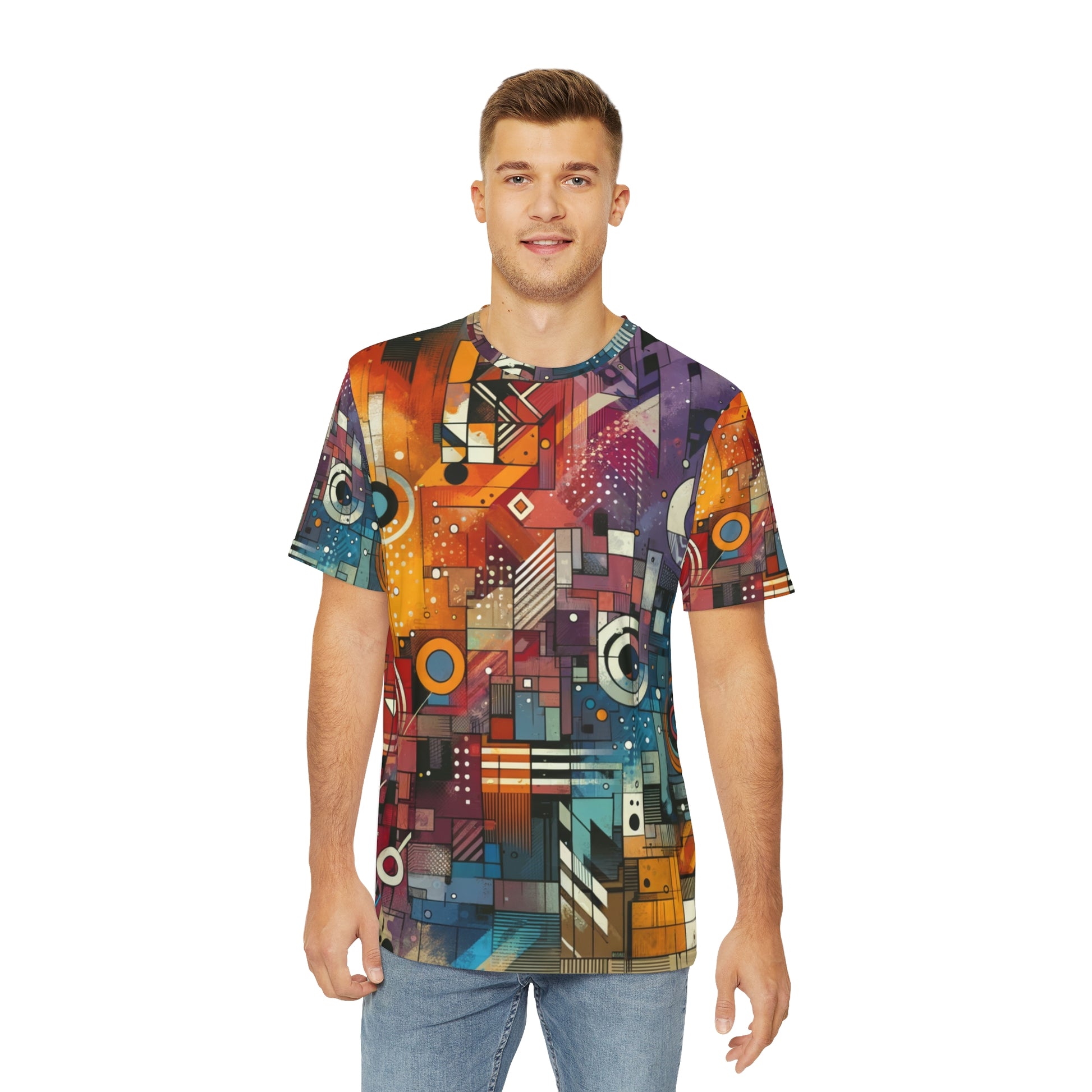 LuckeLadybug urban fashion graphic tee with colorful abstract geometric design on a male model
