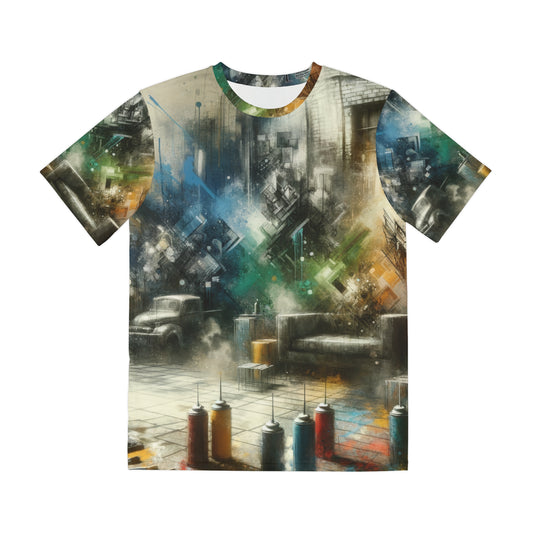 LuckeLadybug urban graphic tee for men featuring a colorful cityscape and spray paint design
