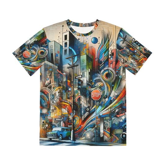 urban graphic tee for men featuring colorful cityscape and street art design