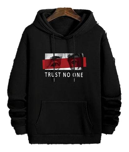 LuckeLadybug LLC men's urban streetwear hoodie in black with bold 'Trust No One' graphic