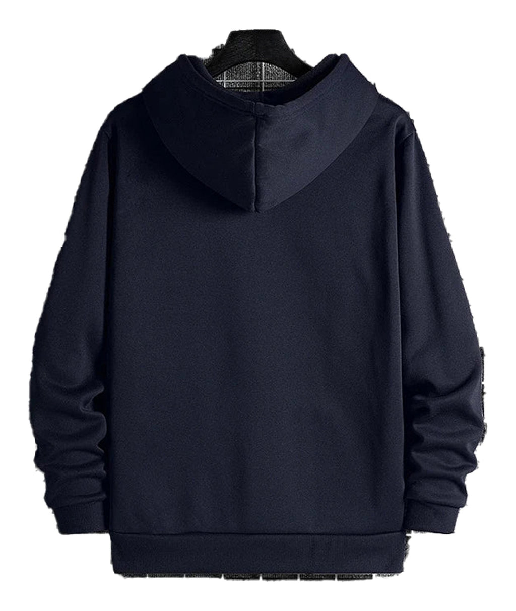 Back view of a men's urban streetwear hoodie in navy blue by LuckeLadybug LLC for modern fashion.
