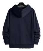 Back view of a men's urban streetwear hoodie in navy blue by LuckeLadybug LLC for modern fashion.