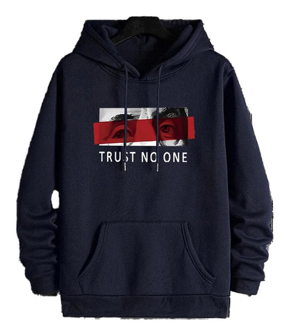 Men's urban streetwear hoodie from LuckeLadybug LLC with bold 'Trust No One' graphic