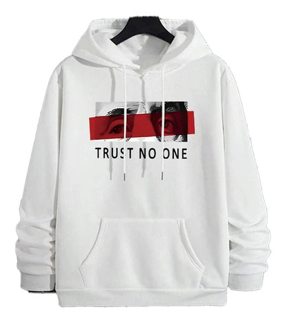 LuckeLadybug LLC men's urban streetwear hoodie in white with graphic design featuring the phrase 'Trust No One'
