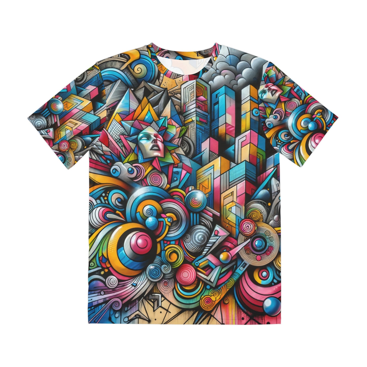 LuckeLadybug urban style graphic tee for men with colorful abstract cityscape and geometric designs
