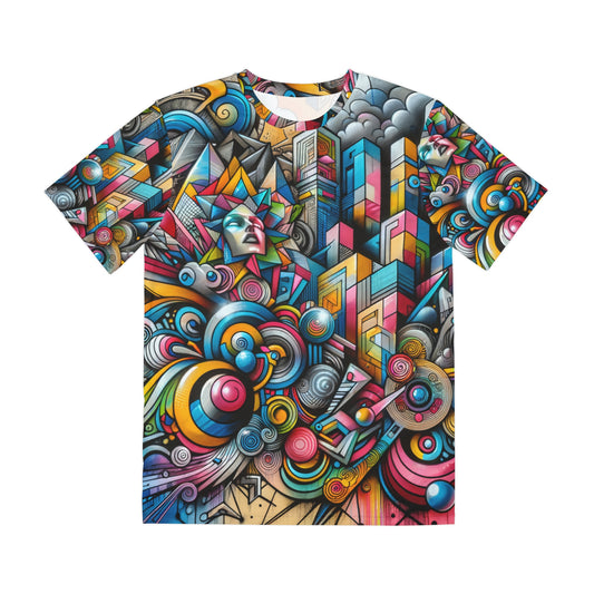 LuckeLadybug urban style graphic tee for men with colorful abstract cityscape and geometric designs