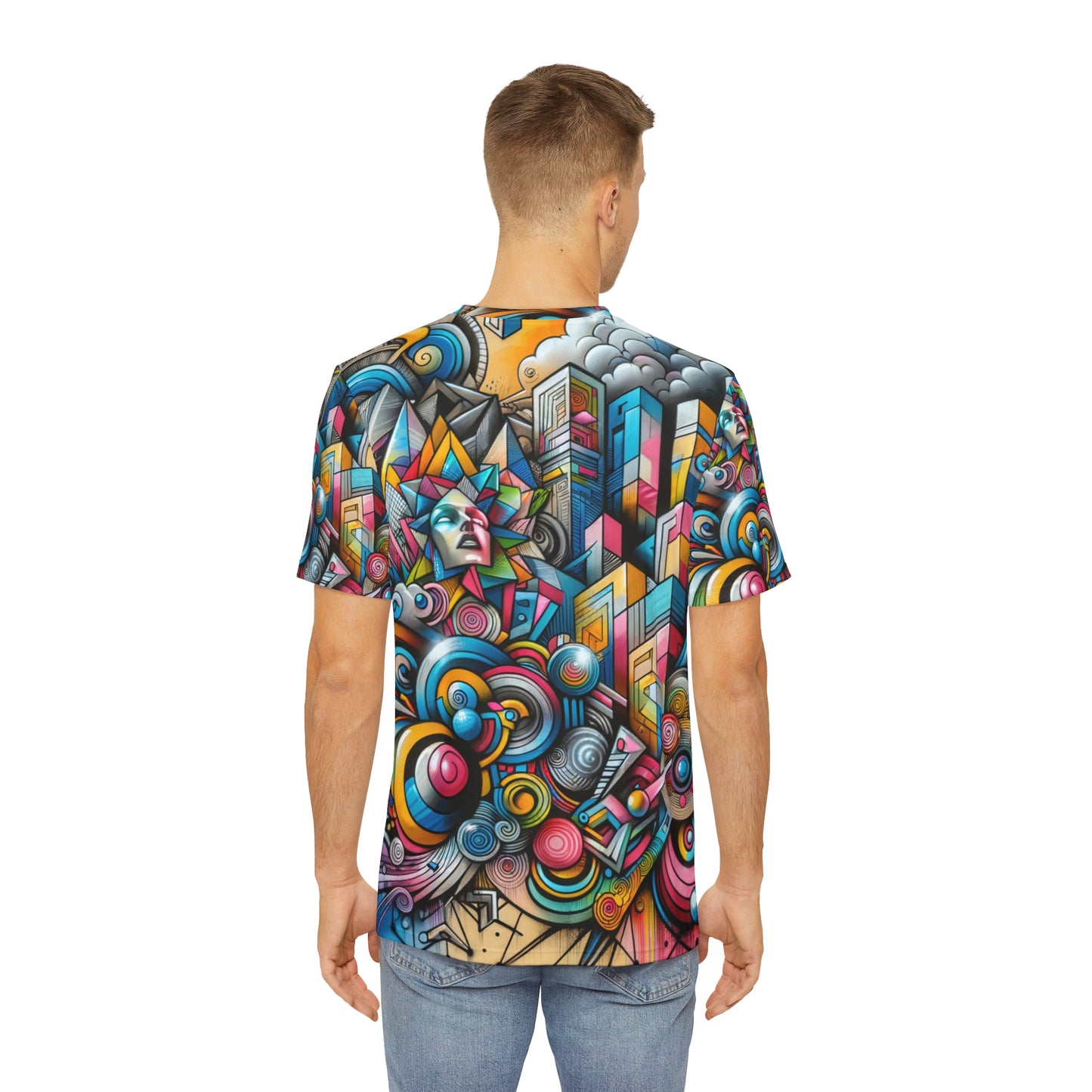 LuckeLadybug urban style graphic tee for men with colorful abstract cityscape design on back