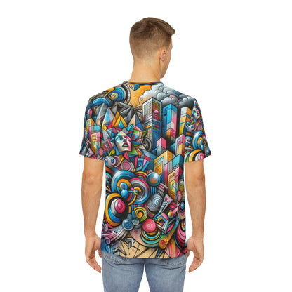 LuckeLadybug urban style graphic tee for men with colorful abstract cityscape design on back