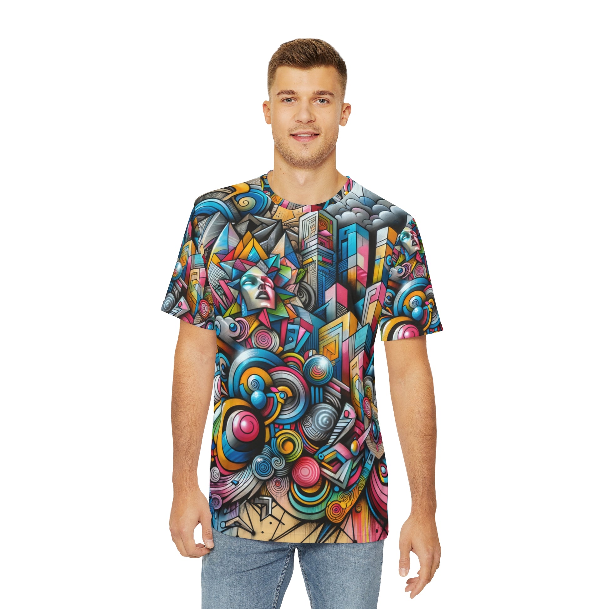 LuckeLadybug urban style graphic tee for men with colorful abstract city and Statue of Liberty design