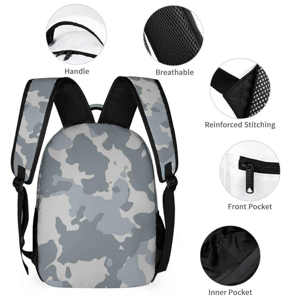 Inkedjoy Grey Camo Backpack Three-Piece Set showing grey camo backpack with breathable straps reinforced stitching and front pocket