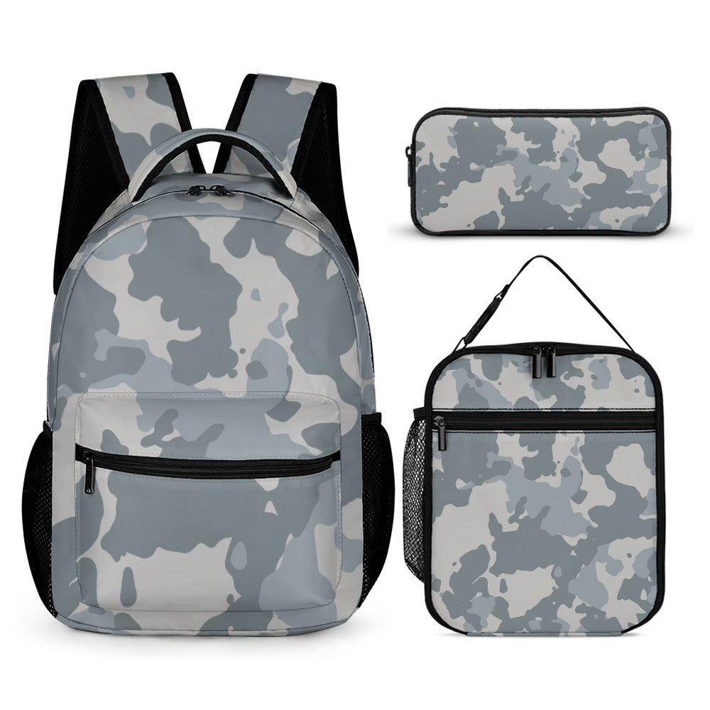 Inkedjoy Grey Camo Backpack Three-Piece Set with school backpack lunch bag and pencil case in grey camouflage