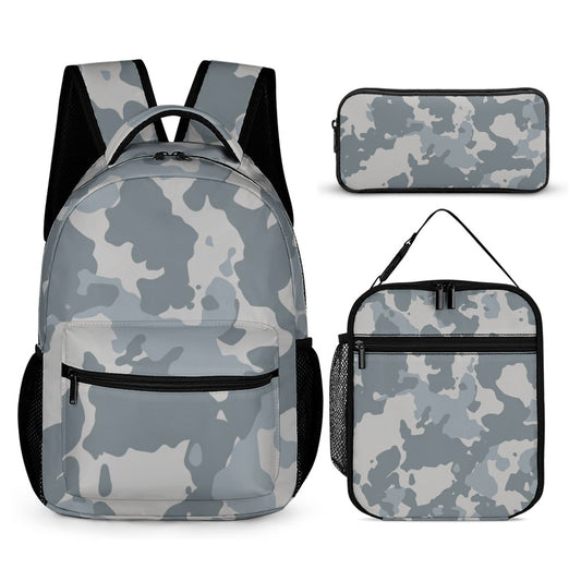 Inkedjoy Grey Camo Backpack Three-Piece Set with school backpack lunch bag and pencil case in grey camouflage